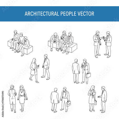 Collection of Architectural People Vector Illustrations Showing Diverse Poses and Interactions in Isometric Perspective