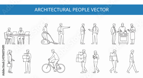 Collection of Architectural People Vector Illustrations Diverse Activities Including Working Cycling Cooking and Delivery Tasks White Background