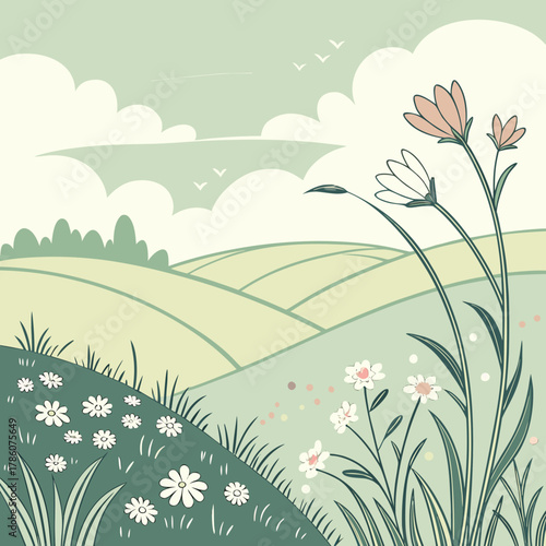 A picturesque countryside scene with wildflowers and rolling hills in the distance