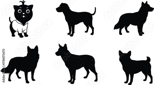 Dog silhouettes collection, pet animal icons, cute cartoon cat, domestic animals illustration, black dog shapes, vector pet design, animal silhouette set