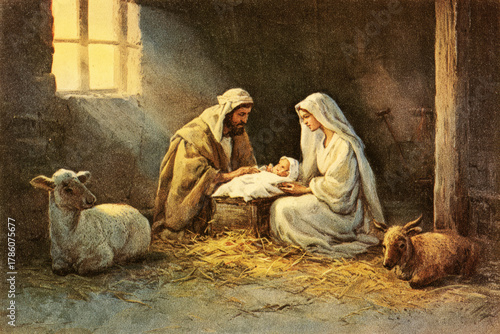 In a cozy stable, Mary and Joseph are lovingly gazing at baby Jesus, who rests in a manger. Soft light fills the room, and animals peacefully observe the holy family