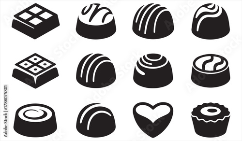 Stylized black silhouette assortment of gourmet chocolates and sweets arranged in multiple shapes for decorative food graphics