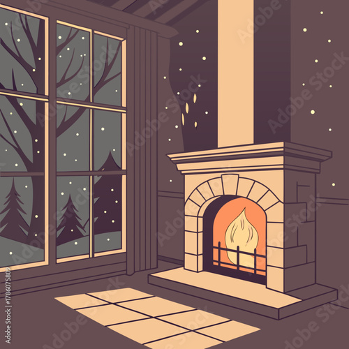 Cozy room with fireplace, window, and snowy night scene illustration