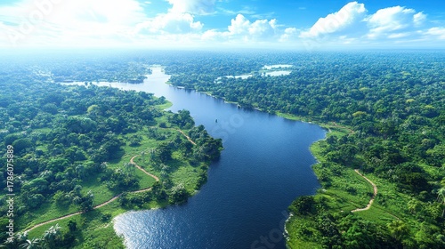 Aerial view of a river flowing through a green forest.