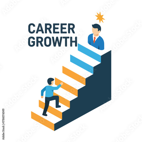 Illustration of a businessman climbing stairs towards another businessman with a lightbulb above his head, symbolizing career growth, on a white background with orange and blue tones.