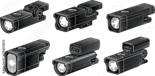 Detailed vintage engraved style bicycle headlight vector illustration set, classic black and white lamp design for cycling and safety projects