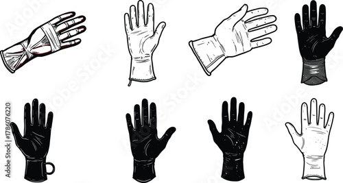 Different style hand glove vector set, black and white safety glove illustration, protective handwear silhouette design for industrial and medical use