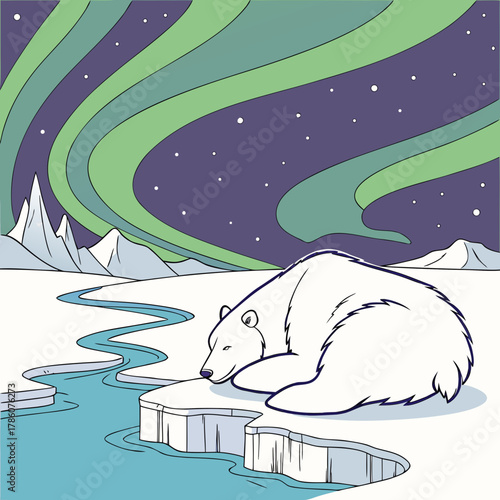 Polar bear resting on ice floe under aurora borealis at night