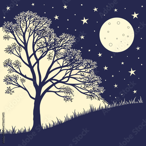 Silhouette of a tree under the moonlight with stars in the night sky