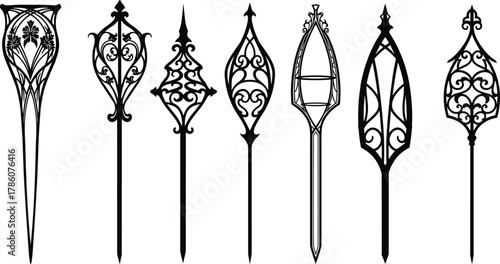 Decorative wrought iron spearhead vector set, ornamental fence finial design, blacksmith artwork, vintage metal pattern for gate and railing design