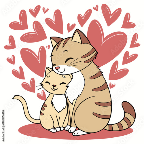 Two cute cats cuddling surrounded by hearts