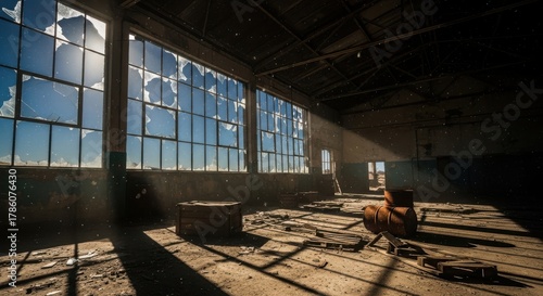 Sunlight streams through broken windows of an abandoned industrial building.