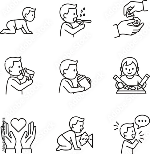 Collection of baby development stages and milestones including crawling, eating, drinking, playing, learning, and expressing emotions with hands and heart icon