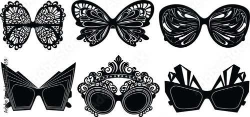 Decorative sunglasses vector collection, abstract eyewear design, fashion accessory illustration, creative glasses shapes, black and white modern art style