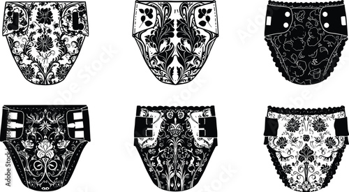Decorative diaper vector illustration, black and white floral design, ornate baby nappy pattern, baroque style infant underwear art concept
