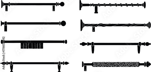 Decorative curtain rod vector set, vintage metal wall mount designs, elegant home decor silhouette, classic interior curtain holder illustration