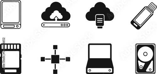 Data storage technology vector set, black and white icons, cloud storage, hard drive, flash drive, network, memory card illustration design