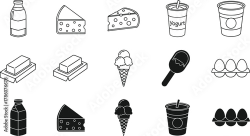 Dairy food product icons, milk bottle, cheese slice, yogurt cup, butter block, ice cream, eggs vector illustration, healthy nutrition design