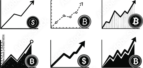 Cryptocurrency growth chart illustration, bitcoin and dollar coin icons, financial analytics, digital currency investment increase, blockchain market trend concept