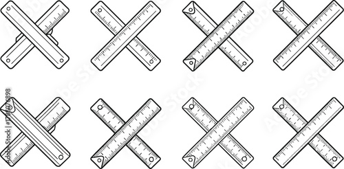 Crossed ruler icon set, measurement tool design, geometry and drafting equipment symbol, precision drawing instrument vector illustration, engineering layout
