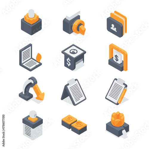 Isometric icons depicting business and finance concepts such as money, documents, and technology on a clean white background.