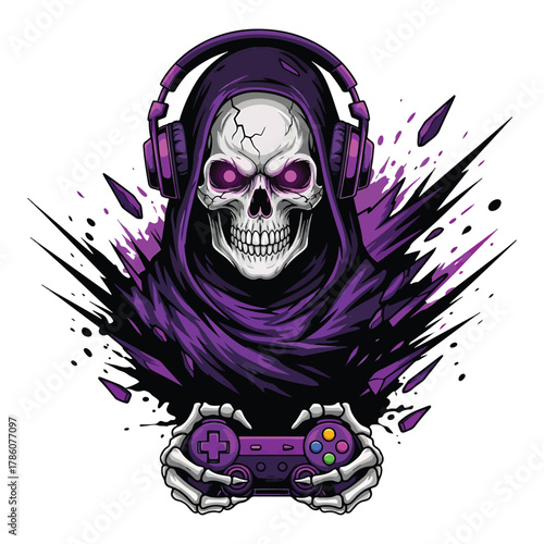 Gamer grim reaper skull wearing headphones holding a video game controller with purple splatter