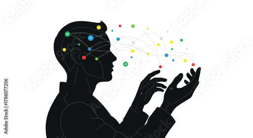 Silhouette of a person s head with colorful connected dots representing thoughts and ideas flowing into open hands