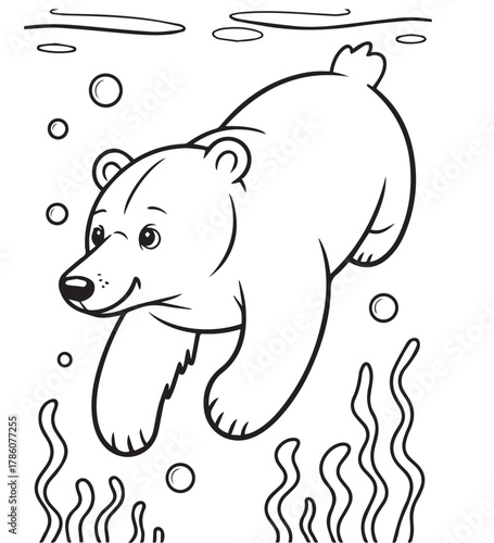 Outlined polar bear is happily swimming underwater with bubbles near seaweed sketch