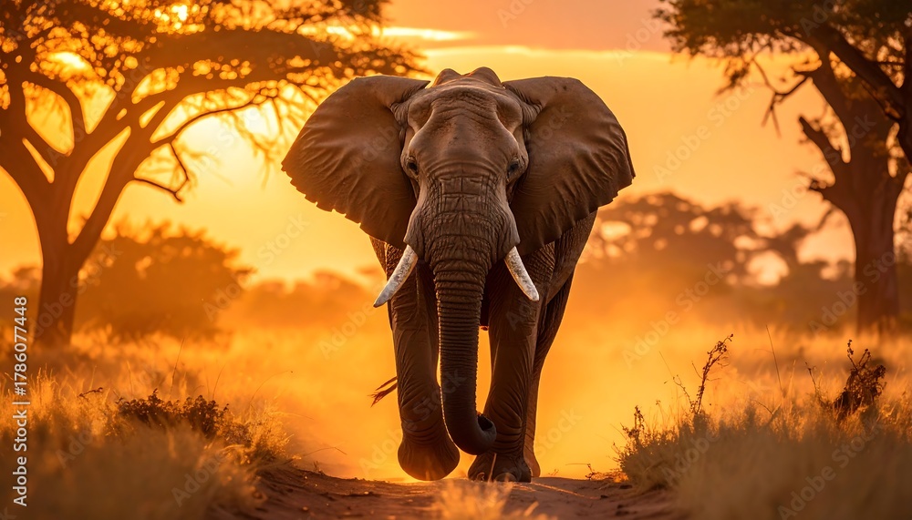 Obraz premium Majestic Elephant Walking Towards the Camera at Sunset in Africa.