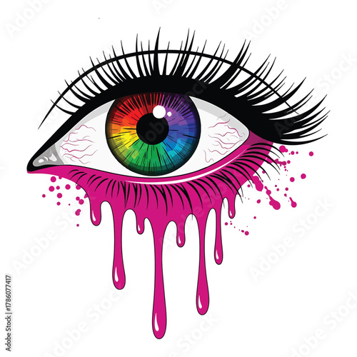 Vibrant rainbow iris eye with dripping pink tears symbolizing emotion and artistic expression