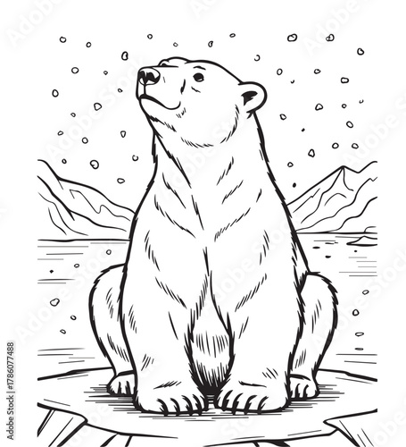 An isolated polar bear gazes up at falling snow in a line drawing scene