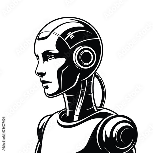 Profile of a futuristic android with a human like face and mechanical body