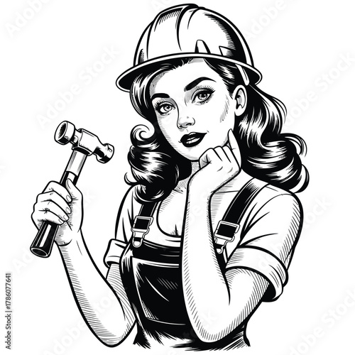 Retro pin up woman construction worker holding hammer