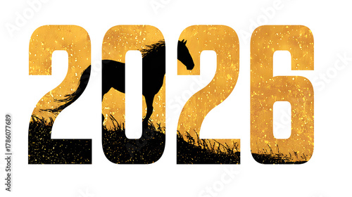 2026 new year number with dark horse silhouette, gold and black abstract texture, isolated on transparent background.