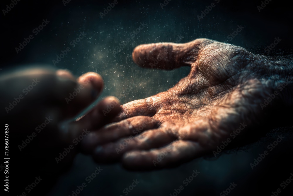 Fototapeta premium Outstretched hands reaching in a dim, dramatic light, one worn and tattered, suggesting hope, despair, or a plea for connection in dark times