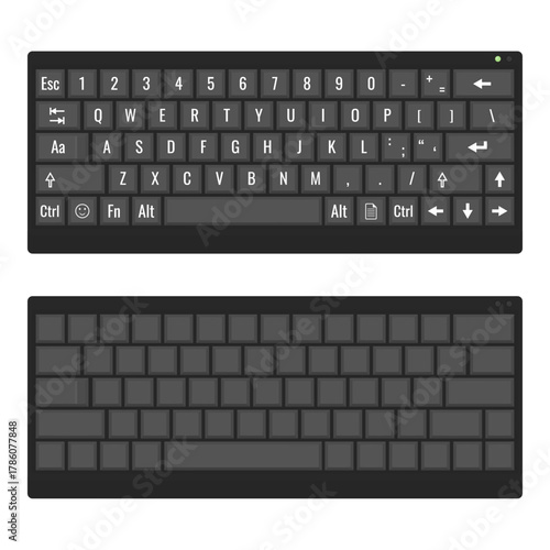 Blank and labeled compact keyboard set isolated on white. Minimalist vector illustration for UI design, tech tutorials and guides