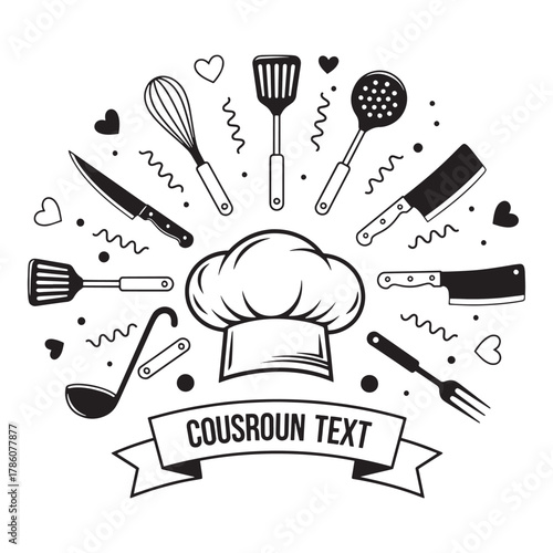 Collection of hand drawn kitchen utensils and chef hat arranged in a circular pattern with decorative elements