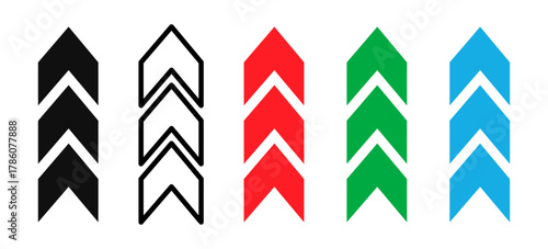 Set of directional road and navigation arrows in simple vector style. Icons representing traffic, military and movement indicators. Halftone effect arrow symbols showing speed and direction.