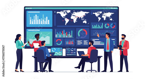 Diverse team of professionals collaborating around a large digital screen displaying global data analytics and charts