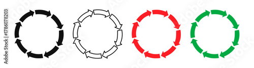 Set of recycling arrows icons in circular shape. Vector illustration representing material reuse, eco process and sustainability concept in black, white, red and green colors.