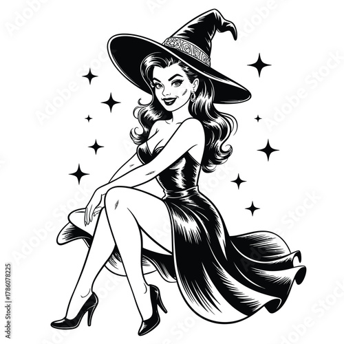 Retro pin up style witch with stars and sparkles