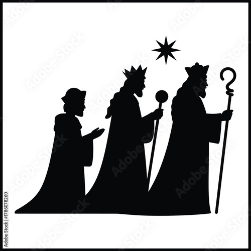 Three wise men silhouettes following star