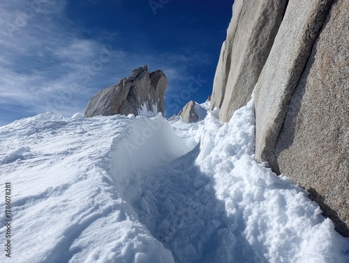 High Altitude Mountain Trail Deep Snow Pathways Towering Rock Formations Bright Blue Sky Fluffy Clouds Remote Wilderness Winter Expedition Route