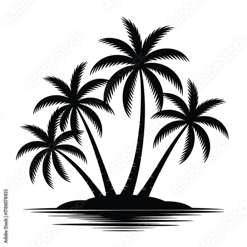 Silhouette of palm trees on a small island with water reflection