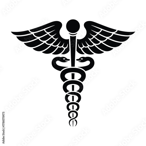 Black caduceus medical symbol with wings and snakes