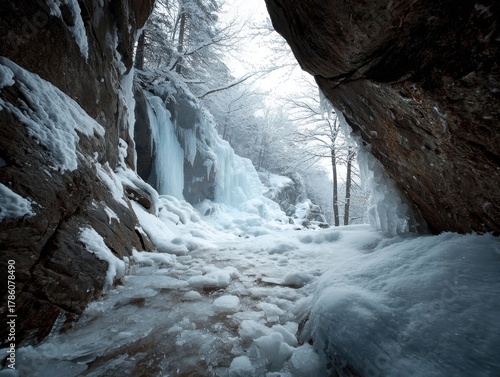 Winter Forest Waterfall Ice Covered Rocks Snowy Trees Tunnel View Cavernous Entrance Cold Nature Scene
