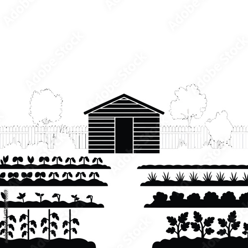 Garden shed surrounded by rows of growing plants and trees
