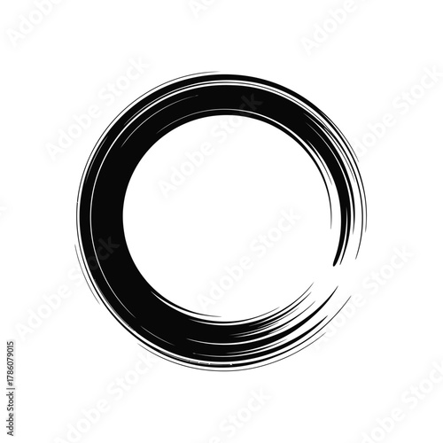 Black ink brush stroke enso circle on white background