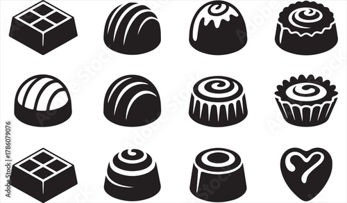 Vector icons of mixed chocolates, pralines, and truffles in clean monochrome silhouettes perfect for menus, packaging, and branding
