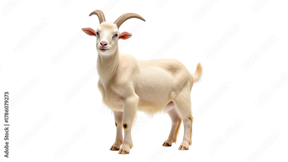 Fototapeta premium Cute, fluffy goat stands confidently, showcasing its curved horns and bright eyes. This charming animal embodies playful spirit and is perfect